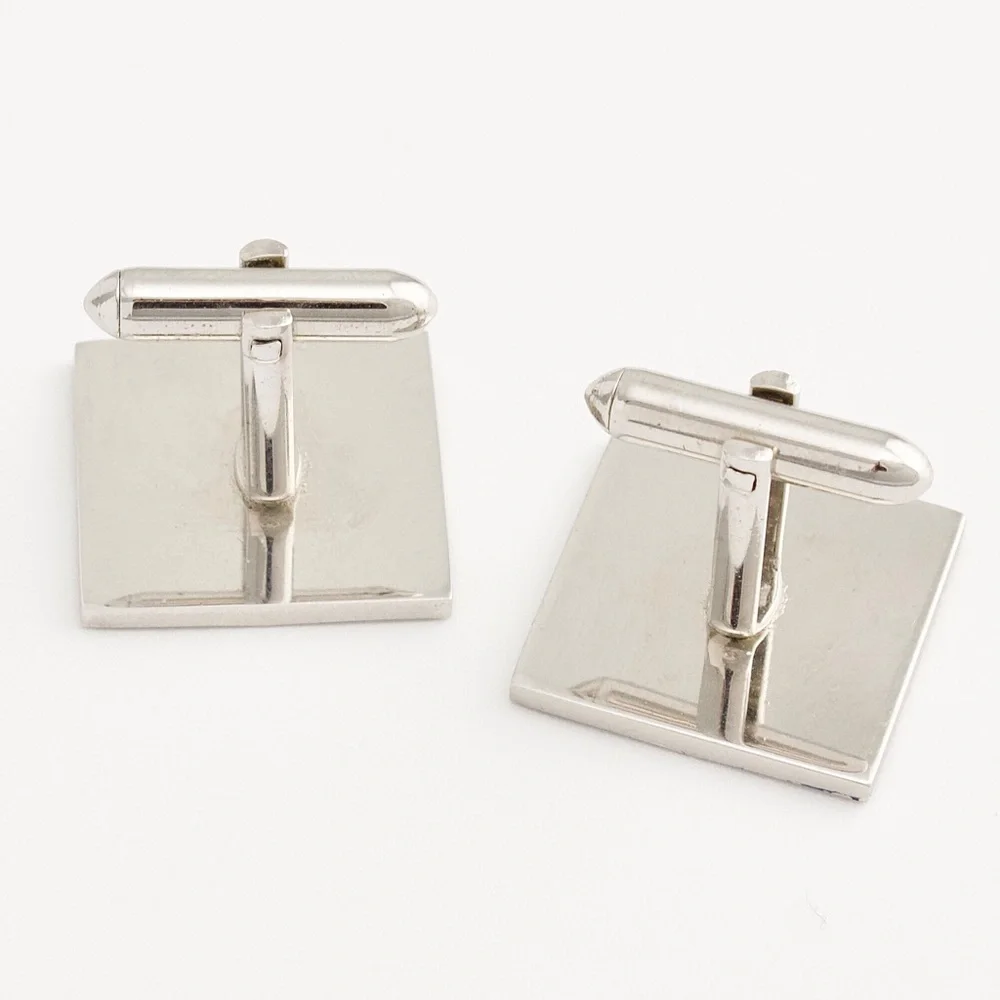 Vintage Etched Blue Tile Cufflinks Silver Tone Large Square Cuff Links